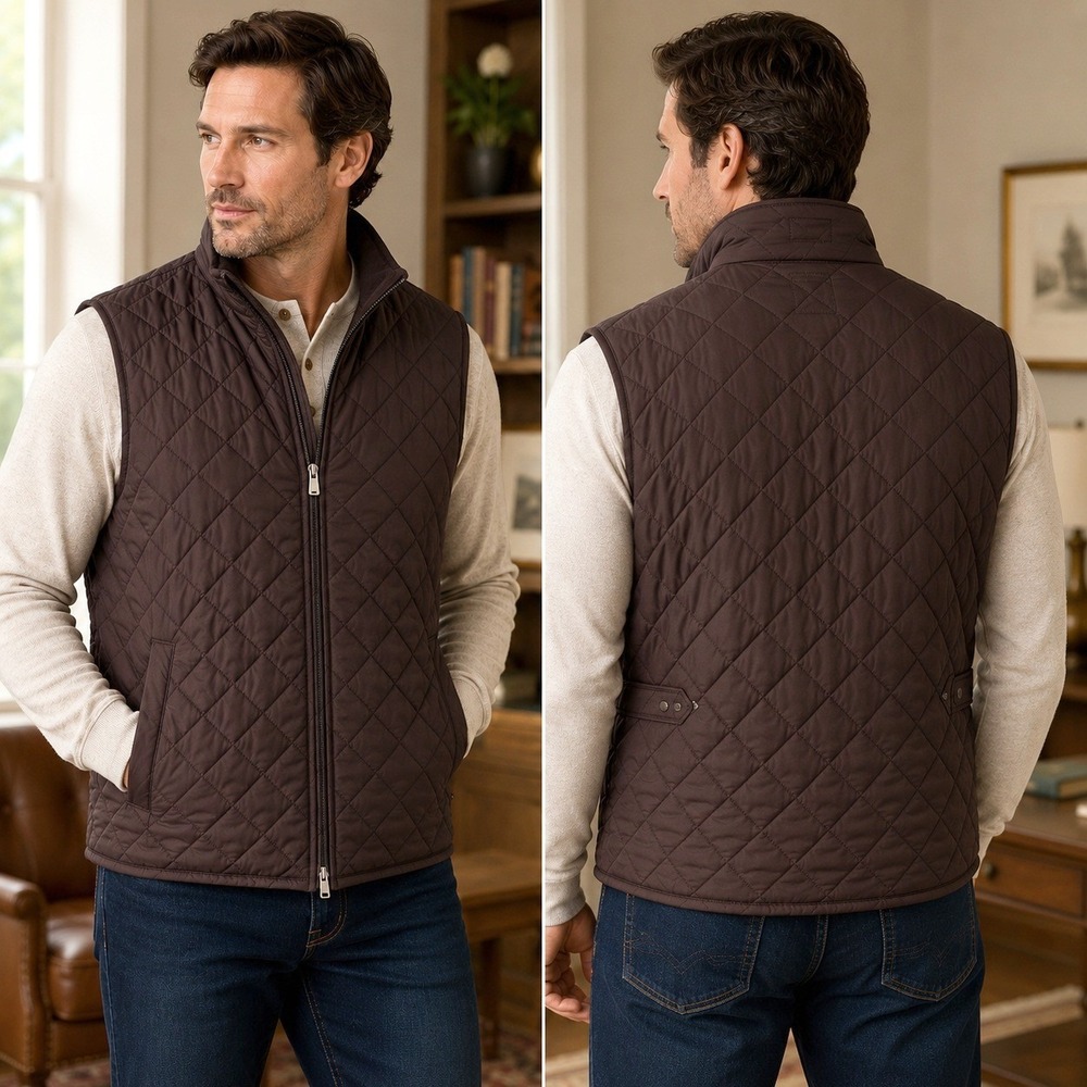 Peter Millar Crown Hudson Quilted Fleece Lined Vest Brown Men's XL Two-Way Zip